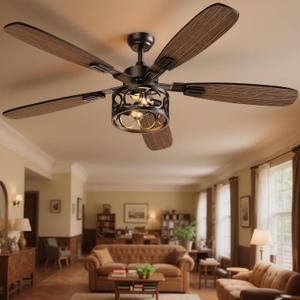 Ceiling Fans with Lights and Remote, 42'' Vintage Caged Ceiling Fan with Light, 5 Blades, 6+1 Speed, Flush Mount Ceiling Fan Whisper-quiet for Farmhouse, Living Room, Kitchen and Porch (42 Inch)