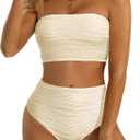 High Waisted Bandeau Bikini Set - Women Strapless Two Piece Swimsuits Ribbed Longline Full Coverage Bathing Suits Swimwear (XX-Large, Beige)