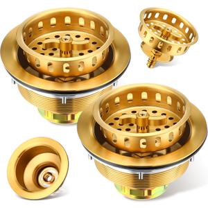 2 Pcs Kitchen Sink Drain Strainer 3-1/2 Inch Gold Stainless Steel Drainer Assembly with T Shaped Strainer Basket and Stopper for Standard 3.5 Inch Sink Drain Hole