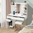 MilleLoom Vanity Desk with Stool and Charging Station, White Vanity Set with Mirror & Lights, 3 Lighting Colors, Large Makeup Table for Bedroom Dressing Room