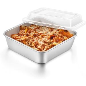 E-far 6 x 6-Inch Square Baking Pan with Lid, Small Stainless Steel Cake Brownie Pans Trays Dishes for Toaster Oven Air Fryer, Healthy & Dishwasher Safe - Set of 1(1 Pan + 1 Lid)