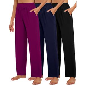 Huukeay 3 Pack Women's Lounge Pants, Cozy Wide Leg Lounge Slacks with Pockets Loose Flowy Yoga Sweatpant Workout Comfy Jogger (XX-Large, Black, Navy Blue, Magenta)