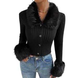 BALTIMORE Women's Fashion Comfort Plush V-Neck Slim Fit Faux Fur Collar Knit Cardigan Sweater for Going Out (Black) Small 