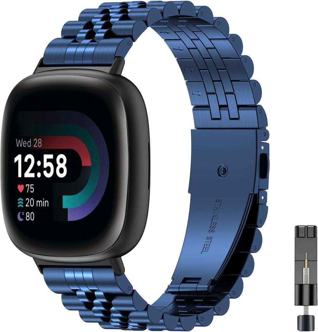 EZMVZKU Metal Watch Bands for Fitbit Versa 4/Sense 2/Versa 3/Sense Stainless Steel Replacement Strap for Versa 3/Versa 4 Wristband for Men Women (Blue)