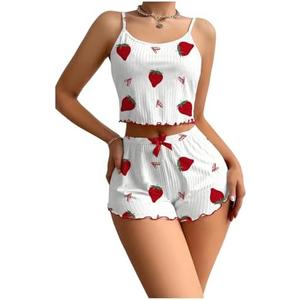 Verdusa Women's 2 Piece Strawberry Printed Pajama Sets Cami Top and Shorts Pjs M