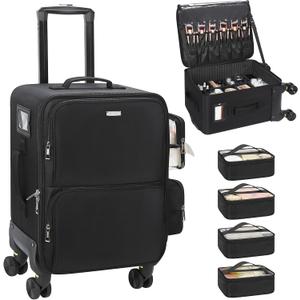 Relavel Rolling Makeup Case, Professional Makeup Artist Bag Extra Large Makeup Train Case Cosmetology Case on Wheels Cosmetic Brush Organizer Box with 4 Clear Set Bags, 360° Spinner Wheels, Black