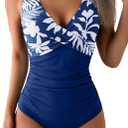Eomenie Women's One Piece Swimsuits Tummy Control Ruched Push Up Bathing Suit Tie Back Slimming Swimwear (Navy Blue Floral,M)
