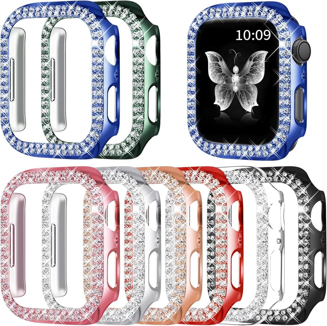8 Pack Bling Case Compatible with Apple Watch Series 9 8 7 45MM, Diamond Bumper Crystal Hard PC Frame for iWatch 45MM Rhinestone Face Cover Smartwatch Accessories Women