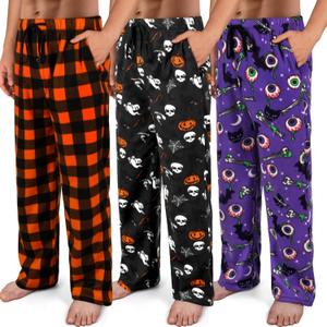 3 Pack Mens Pajama Pants Microfleece Plaid Pajama Bottoms Sleepwear PJ Sleep & Lounge Pants with Pockets & Drawstring (X-Large, Purple Eyeball, Orange Ghost, Orange Plaid)
