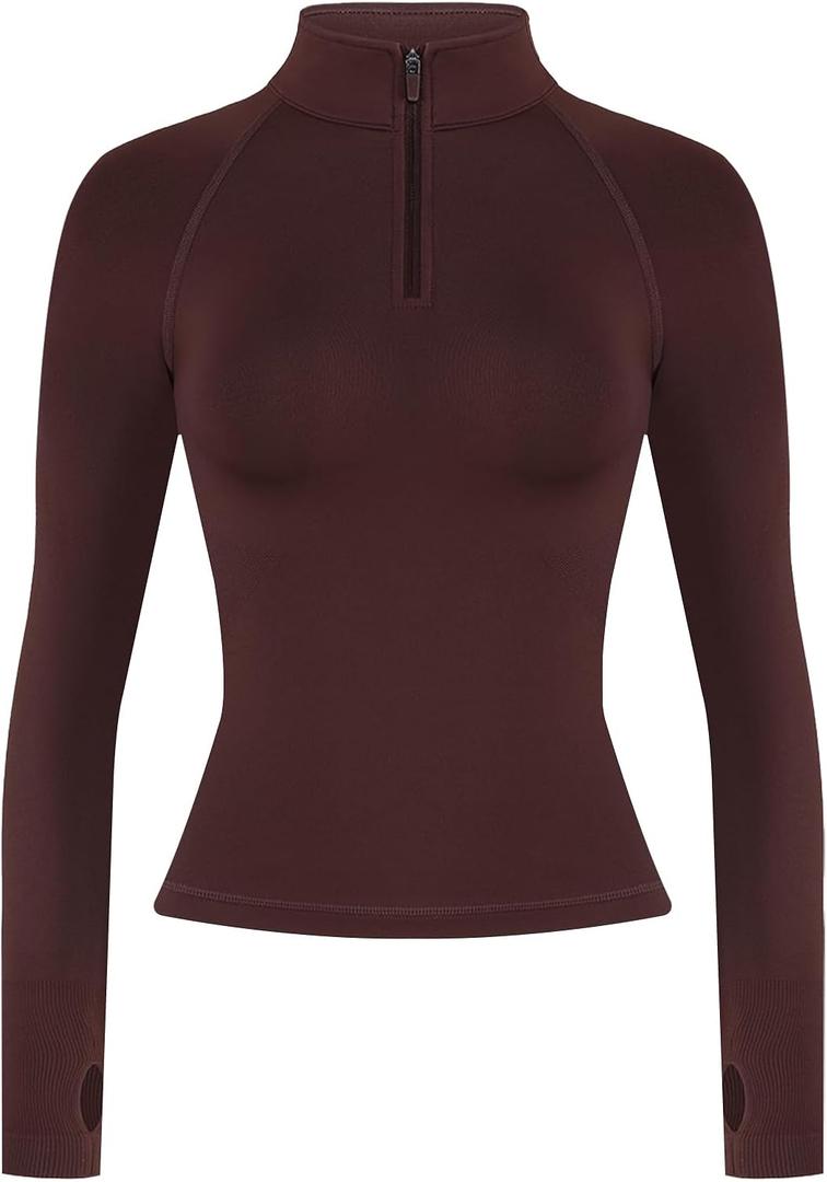 AUROLA Influence Workout Jacket for Women, Half Zip Cropped Slim Fit Long Sleeve Yoga Jackets Athletic Top with Thumb Holes (Small, Cinnamon)