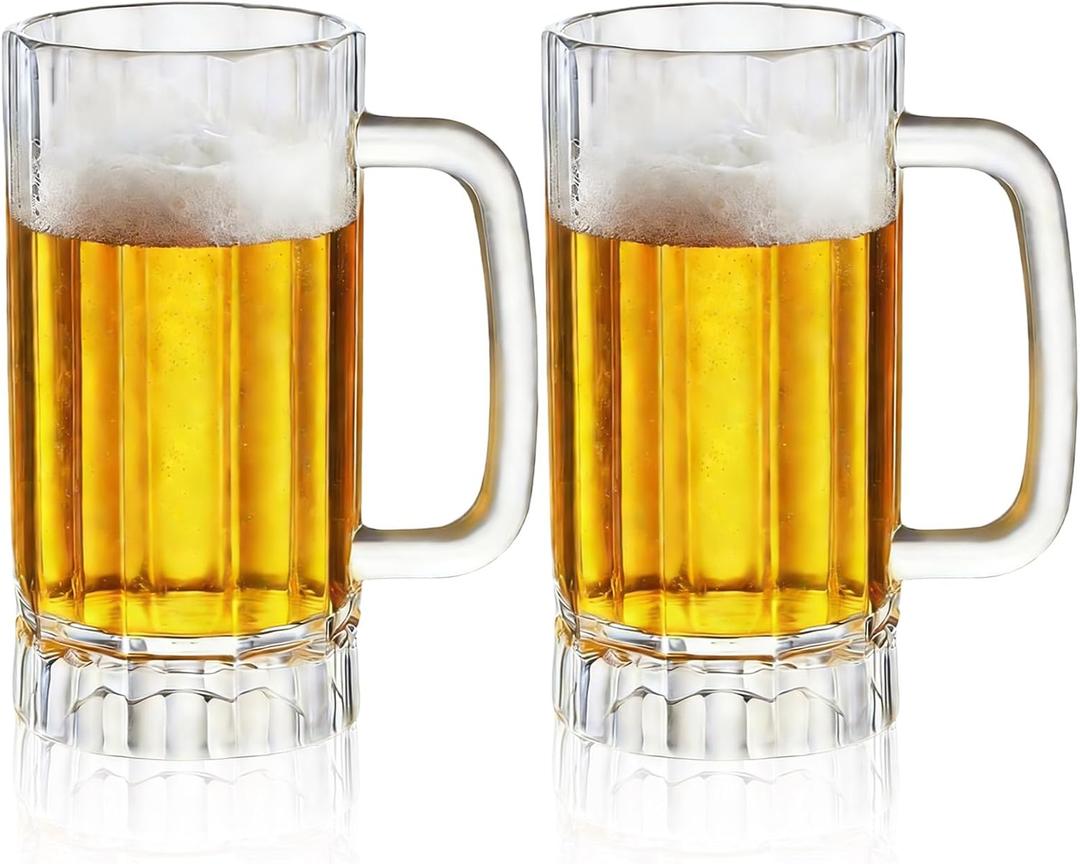 2Pack 16oz Plastic Beer Mugs with Handle, Reusable Acrylic Drinking Cups, Clear Beer Stein Glasses for Whiskey Juice Cocktail Beverages, Beer Glasses Cups for Party Bar Home Hotel (470ml)