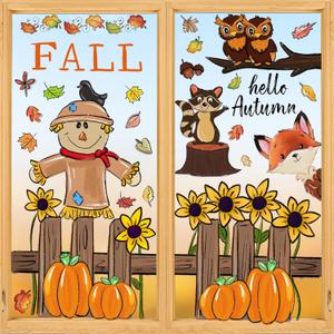 7 x 6 Sheets Fall Window Clings Fall Watercolor Pumpkin Maple Leaves Scarecrow Owl Sunflower Window Stickers for Autumn Thanksgiving Harvest Home Window Decals Decor