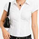 SUNNOW Women's Pleated Bust Button Down Shirt Tie Back Fitted Short Sleeve Blouse Casual Tops (White, M)