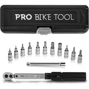 PRO BIKE TOOL 1/4 Inch Drive Click Bicycle Torque Wrench Set  2 to 20 Nm  Maintenance Kit for Road and Mountain Bikes - Includes Allen and Torx Screws, Extension Bar and Storage Box - ISO Certified (Silver)