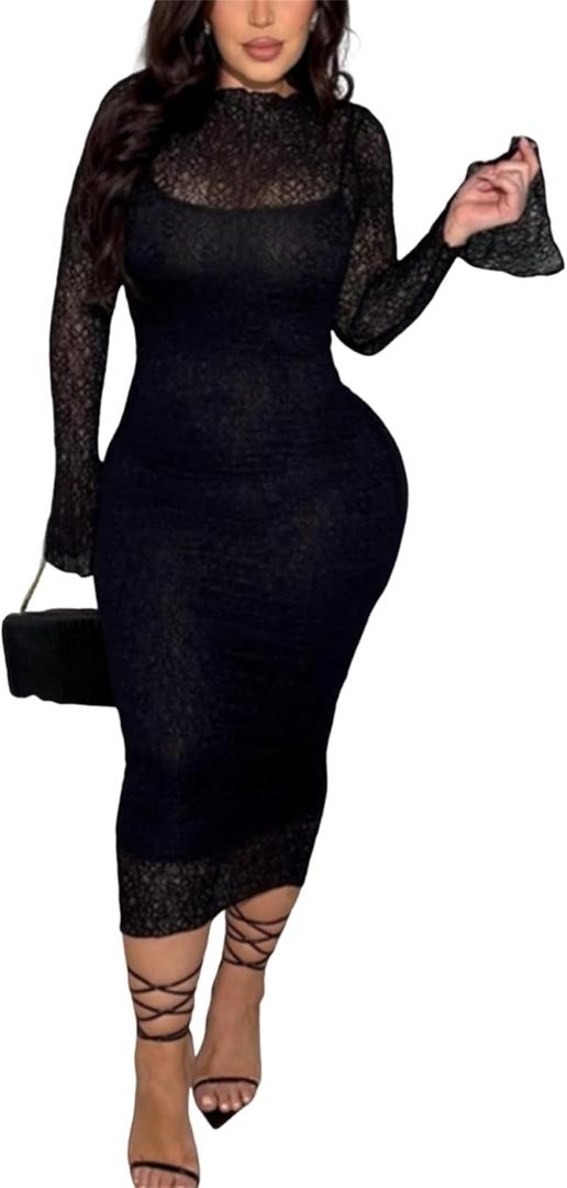 Women's Elegant Bodycon Midi Dress Lace Party Cocktail Wedding Guest Dress (Large, Black)