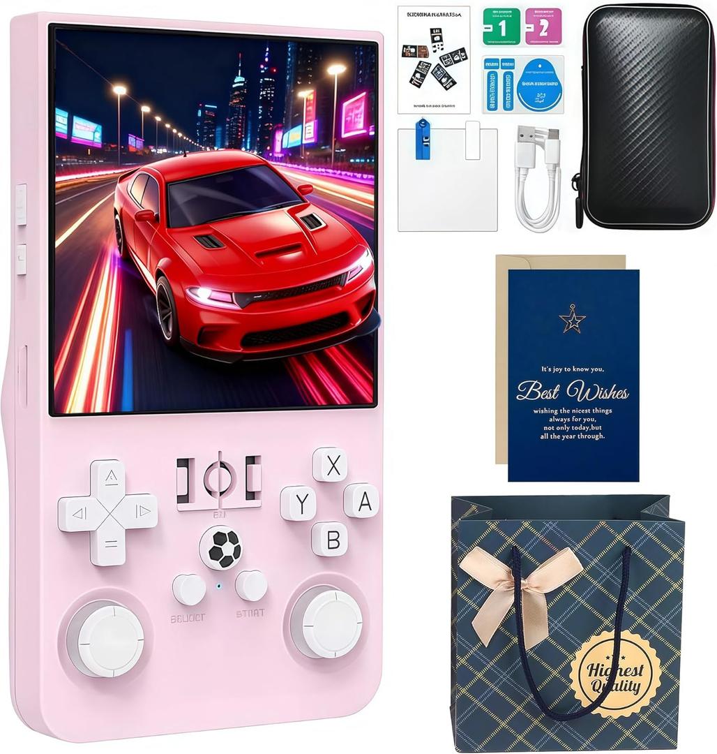 MYCHA R36MAX Retro Handheld Game Console Christmas Set with Gift Card & Bag,4 inch HD IPS Screen 128GB 21000+Classic Games,Portable Gift for Gamer (Pink Set)