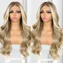 Ash Blonde Lace Front Wig 13x4 Pre Plucked Omber Long Synthetic Wig for Women Body Wave 150% Density Heat Resistant Hair 26 Inch Daily Party Use