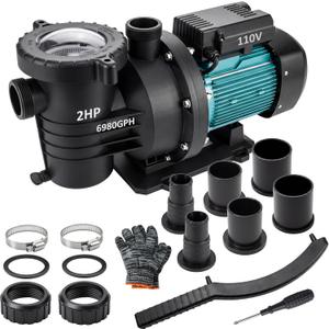 2HP Above Ground Pool Pump Inground, 6980GPH High Flow Powerful Self Priming Water Pool Pump, Heavy Duty Motor with 1.25-1.5'', 1.5'', 2.0'' Unions and Filter Basket