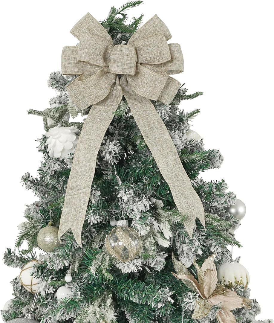 13" Burlap Wired Ribbon Bow Christmas Tree Topper Bow, Rustic Bow Party Decorations, Premade Bows with Twist Tie, Large Gift Bow for Outdoor Wreath, Wedding, Holiday, Birthday-1 PCs (Natural)