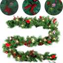 MorTime 9 FT LED Christmas Garland with Pinecones Red Berries Bows Christmas Balls Candies, Multi-Function Christmas Garland with 50 Warm White LED Lights, 180 Branch Tips