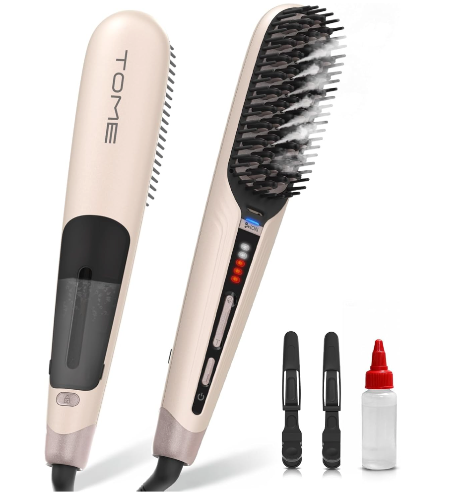 Tome Steam Straighteners Brush, Negative Ion Hair Straightener Brush to Manage & Shape, Wide Hot Comb for Medium to Thick Hair, Steam Brush for Women, Pink