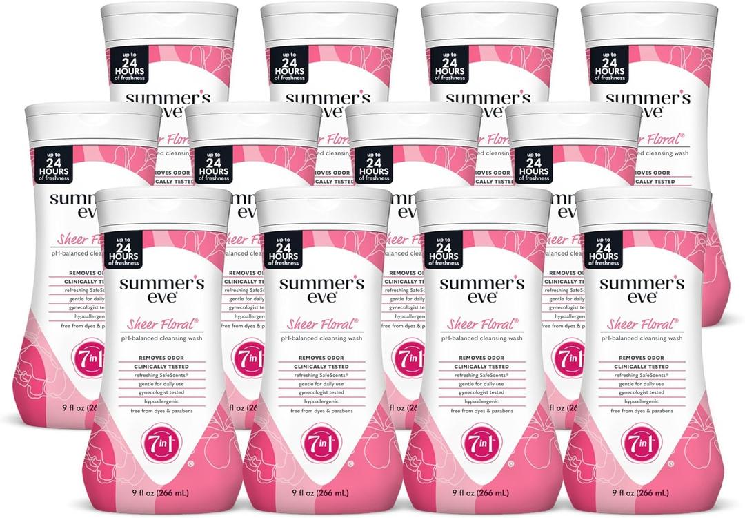 Summer's Eve Sheer Floral Refreshing Daily All Over Feminine Body Wash, Removes Odor, Feminine Wash pH Balanced, 9 fl oz, 12 Pack