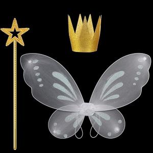 Sratte 3 Pcs Girls Fairy Costumes Fairy Star Wand and Gold Crown Fairy Wings for Girls Halloween Party Accessories Dress up Birthday Decorations