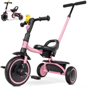 Tricycle for Toddlers 18 Months to 5 Years with Removable Push Handle, Tricycles for 3-5 Year Olds Ideal for On-The-Go Families, Adjustable Carry-Friendly Seat, Pink
