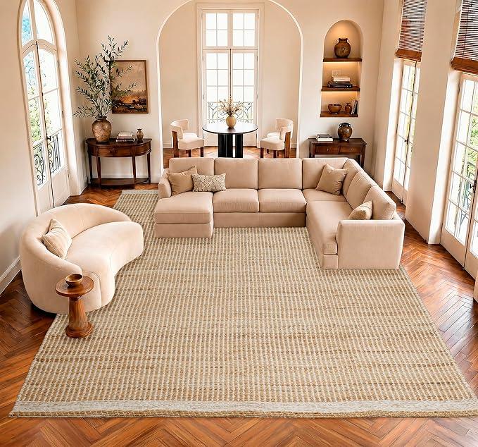 9x12 feet Jute & Wool Mini Check Area Rug with 4-Inch Border Handwoven mini Check Pattern – Living Room, Dining & Bedroom Rug, Neutral Indoor Natural Farmhouse Décor (9' x 12')