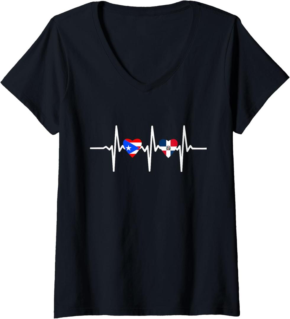 Womens Half Dominican And Puerto Rican Rico Flag DominiRican Heart V-Neck T-Shirt M
