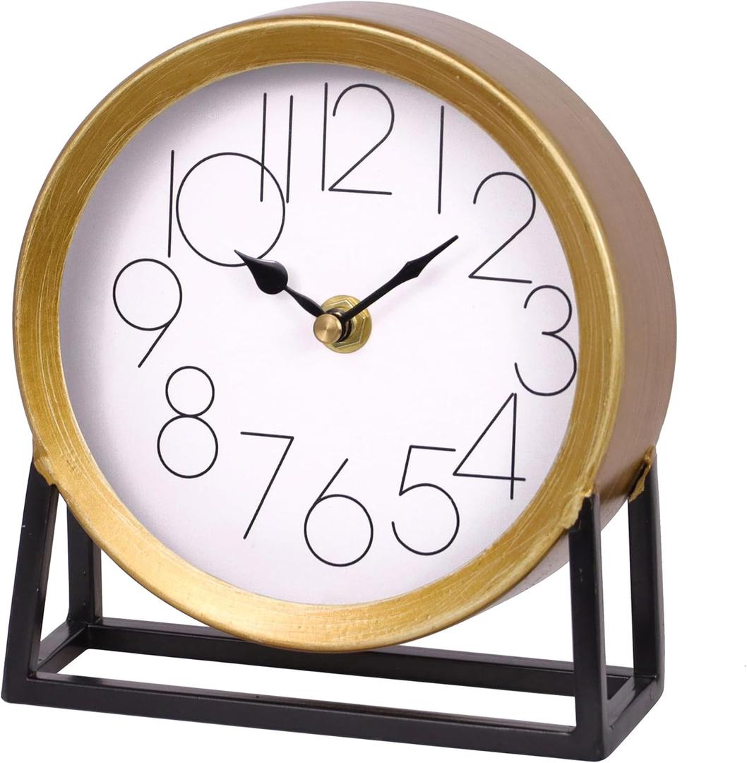 VinSees Modern Golden Table Clock on Stand, Decorative Desk and Shelf Clock, Mantel Clock Farmhouse Clock Non-Ticking, Home Décor for Living Room, Bedroom, Bedside, Desk, Gift Clock (Gold)
