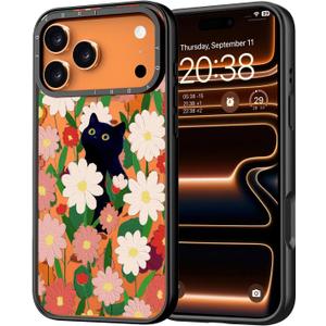 for iPhone 17 Pro Case - [6.6 ft Military-Grade Drop Protection] [Anti-Peel Technology] Clear Black TPU Bumper Case with Cute Design (Cat and Flower)