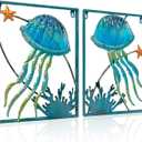 LIFFY Metal Jellyfish Wall Decor with Frame-Outdoor Wall Art,Jellyfish Wall Decor with LED Fairy Light,Glass Art Wall Sculpture, Wall Decor for Pool,Beach Wall Hanging, Home Gifts(2pcs, Blue)