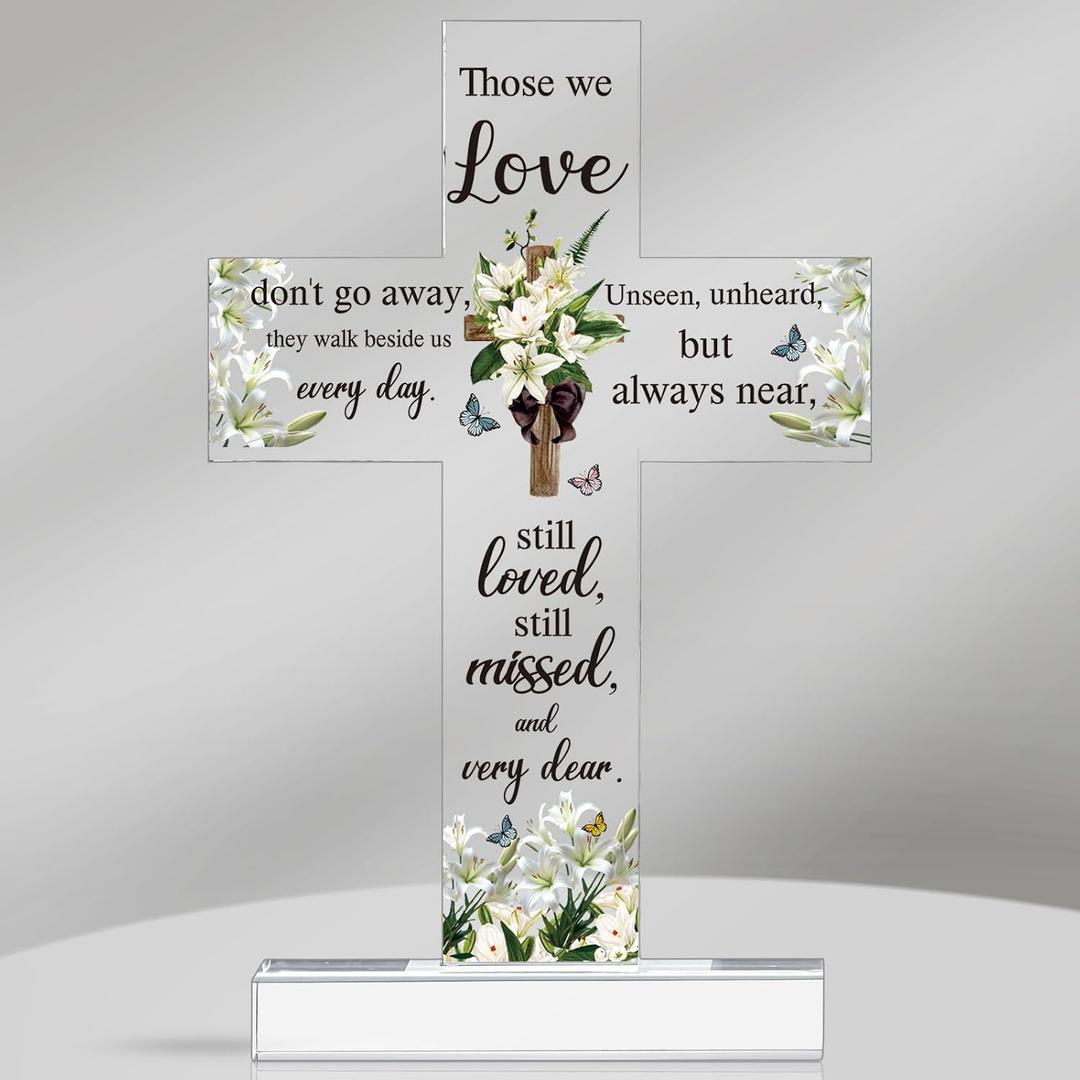 Jetec Sympathy Bereavement Gift for Loss of Loved One Acrylic Cross Floral Red Cardinal Memorial Gift Remember Me Grieving Keepsake for Mom Dad Grandma Friend Sisters Brothers(Cross)
