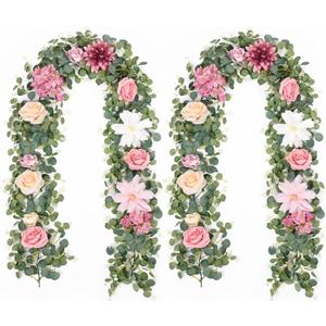 Waipfaru 2Pcs Artificial Flower Garland Decorations, 12.14Ft Eucalyptus Greenery Vines with Pink Roses for Wedding Table Runner Centerpieces Backdrop Room Decor (Pink)