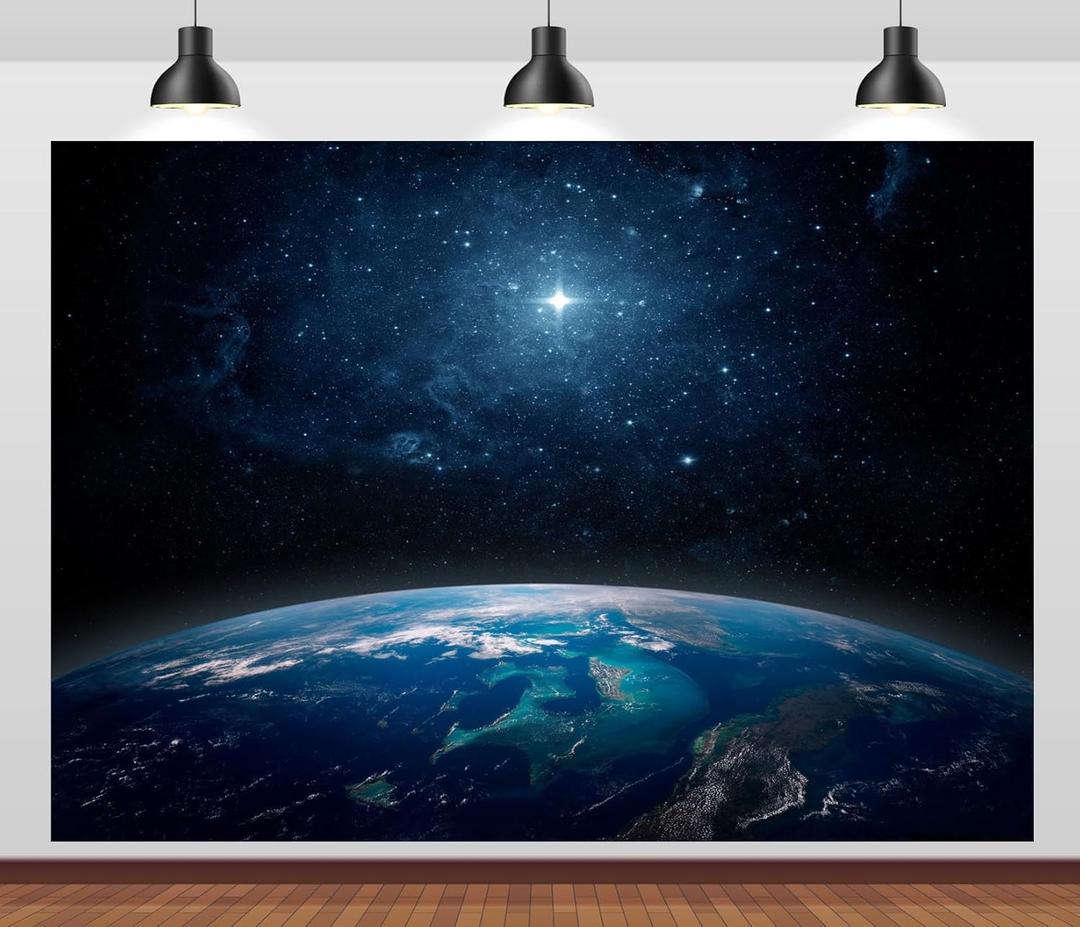 7x5ft Fabric Outer Space Backdrop The Planet Earth View from Space Blue Starry Sky Lone Star Background Universe Milky Way Backdrop for Space Theme Party Decorations Photo Props