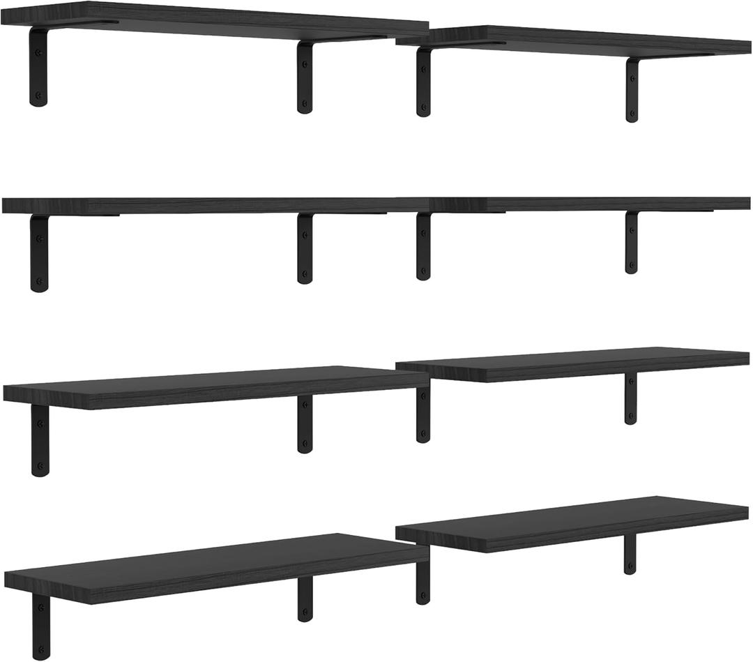 DOLLFIO Floating Shelves, 8 Sets Wooden Floating Shelves for Bedroom & Bathroom Wall Decor, Floating Book Shelf Living Room Black