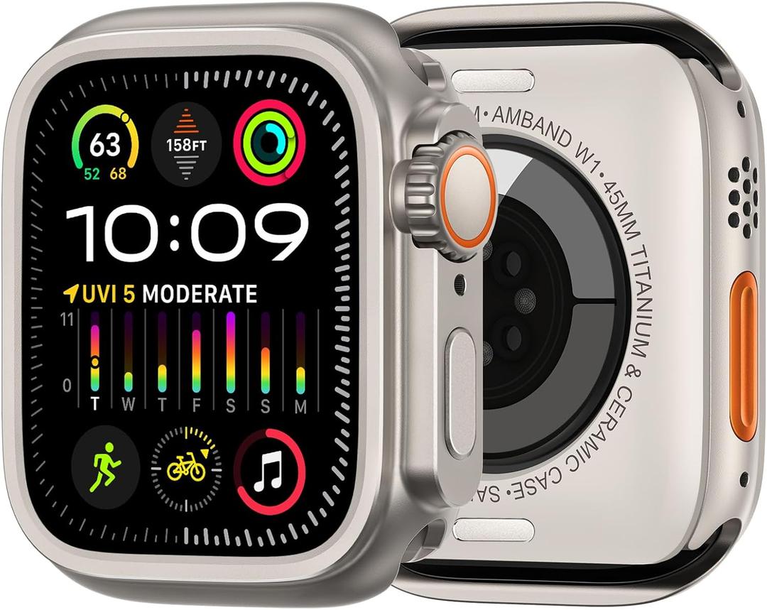 amBand 3 in 1 Metal Case Compatible with Apple Watch Series 9/8/7 45mm, W1 Rugged Bumper Protector [Turning into Ultra 2/1 Upgrade] with Watch Crown + Watch Back Cover, Natural Titanium