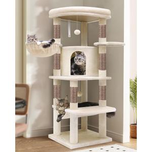 Globlazer Corner Cat Tree, 51in Curved Series Modern Cat Tower for Indoor Cats with Hammock, 7 Sisal Scratching Posts, Large Fan-Shaped Platform for Large Cats, Cat Condo & Hanging Basket, C51, Beige