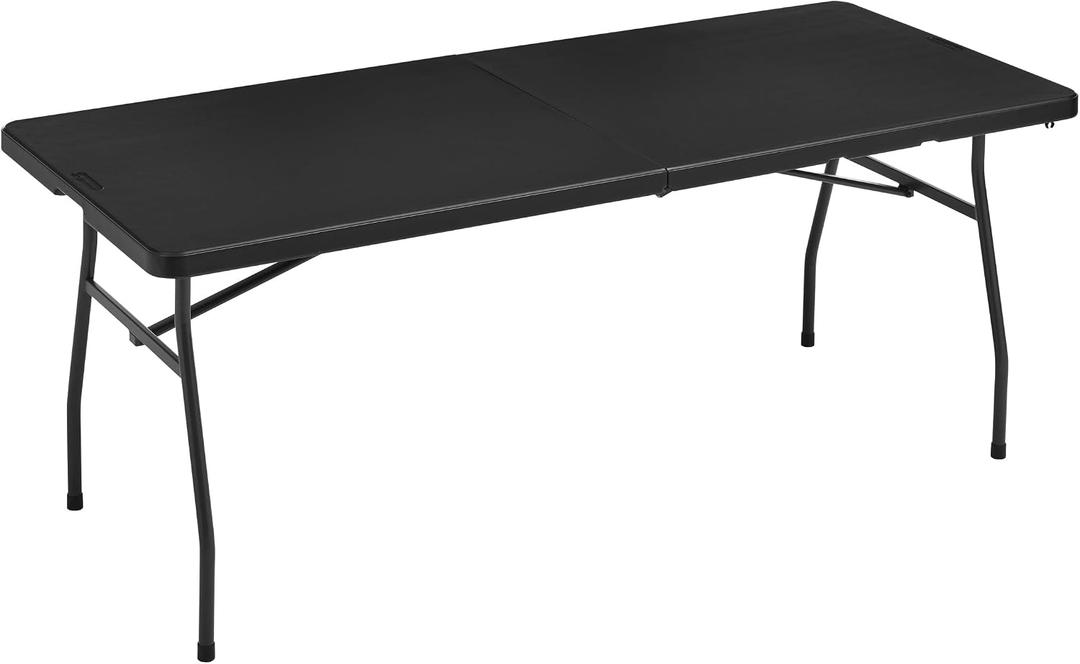 Amazon Basics Heavy Duty Portable Folding Table, 6 ft, Indoor & Outdoor, Fold-in-Half Design with Carrying Handle, for Events, Easy Folding and Storage, Black | Portable, Heavy Duty, Indoor & Outdoor, with Carrying Handle