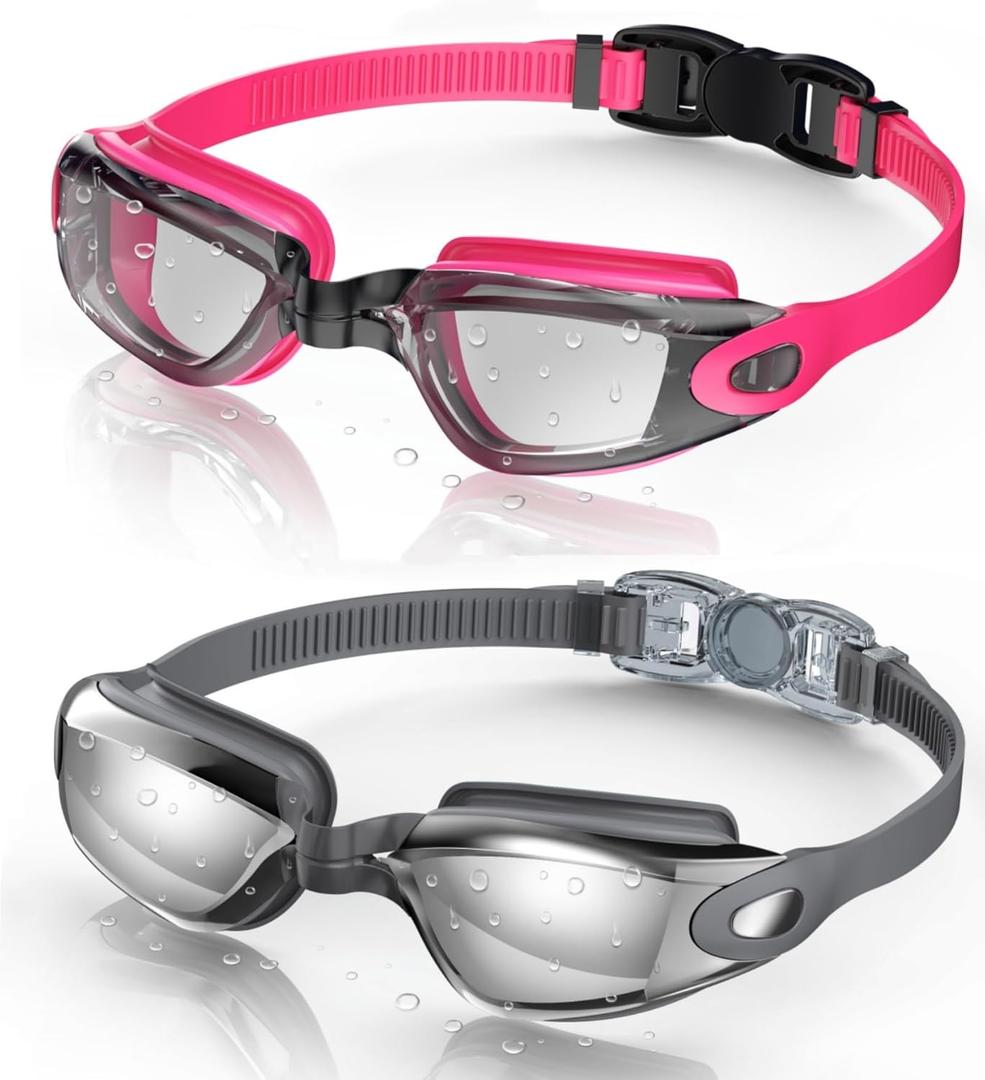 Aegend Swim Goggles, 2 Pack Swimming Goggles No Leaking Adult Men Women Youth (Raspberry-red Black & Gray Silver)