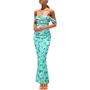 PRETTYGARDEN Women's Floral Maxi Dress 2025 Summer Off Shoulder Mesh Elegant Cocktail Party Ruched Bodycon Dresses (Medium, Light Green Daisy)