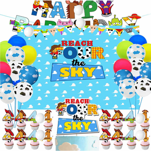 BIGKEOKI Space Birthday Party Decor Pack - Blue, Cartoon, Banner, Backdrop, Cake Topper, Cupcake Toppers, Balloons