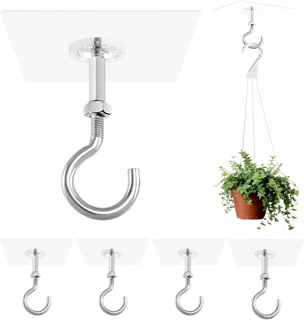 5 Pack Adhesive Ceiling Hooks | No Drill, Holds 30lbs Heavy Duty Stainless Steel Sticky Hangers for Hanging Plants, Lights, Wind Chimes & Lanterns