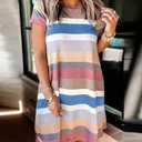 Melliflo Womens Short Sleeve Striped T Shirt Dress Round Neck Color Block Midi Dress Casual Pocket Dress (S)