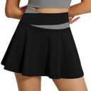 Color Block Tennis Skort for Women, High Waist Flowy Athletic Skirt with Built-in Shorts for Golf Workout Yoga (Black, XL)