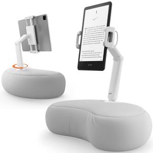 SAIJI Kindle Pillow Stand, iPad Stand Compatible with 4.7-15.6 Kindle, Phone, iPad, 360 Adjustable Lap Beanbag Tablet Holder for Bed with Flexible Dual Axis Arm and Microbead Cushion (Gray)