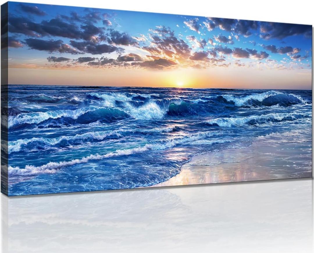 Sea Waves Canvas Prints Wall Art Ocean Beach Sunset Picture Paintings for Living Room Bedroom Home Decorations Modern Stretched and Framed Seascape Nature Blue Giclee Artwork