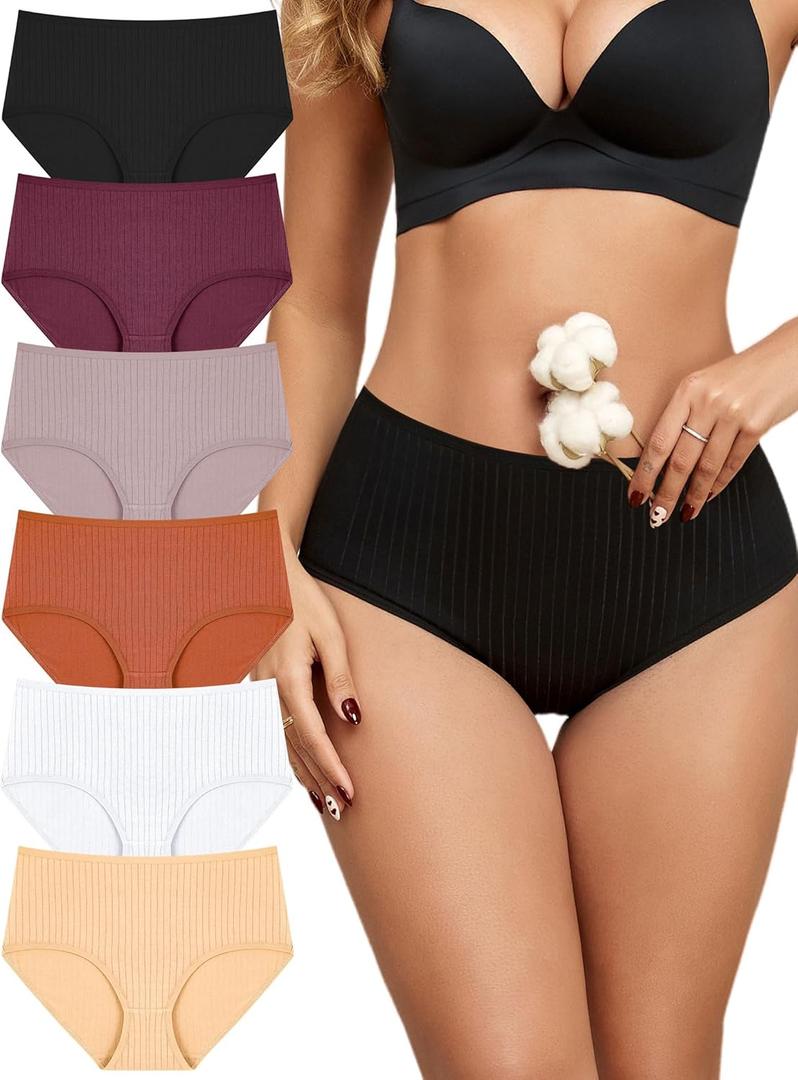 FINETOO Cotton Underwear for Women High Waisted Ribbed Full Coverage Briefs Soft Breathable Moisture Wicking Panties 6 Pack (XL)