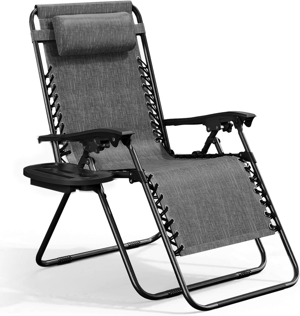 Nestl Zero Gravity Chairs, Portable Patio Lounge Chair Outdoor with Pillows & Cup Holder Trays, Adjustable Steel Mesh Reclining Camping Chair, Folding Patio Lawn Chair for Deck, Beach, Yard - Grey, Single